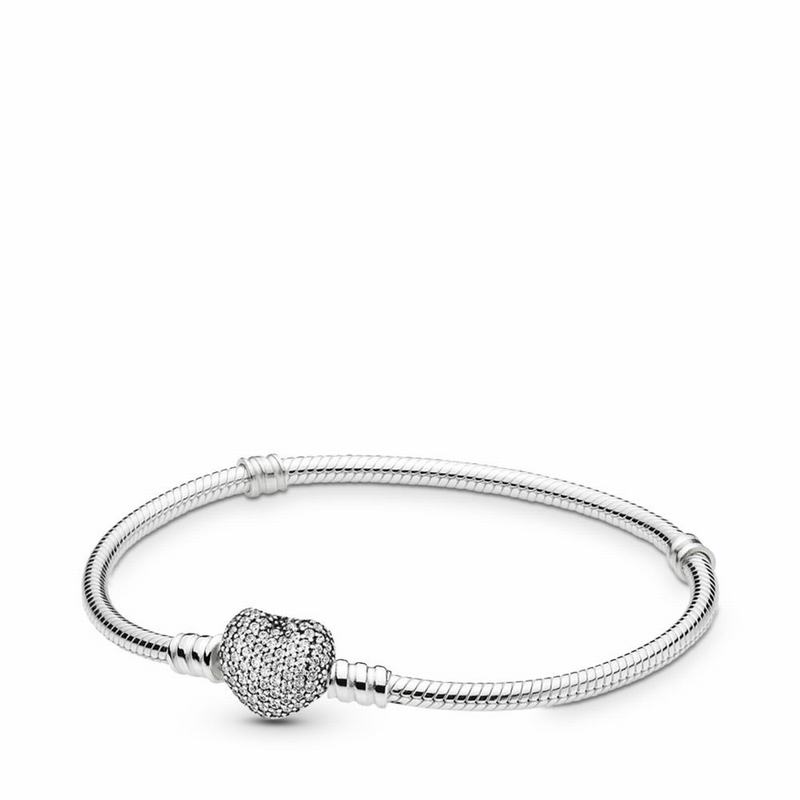 Pandora Moments Sparkling Heart & Snake Chain Bracelet Ireland - Sterling Silver/Cubic Zirconia - 32